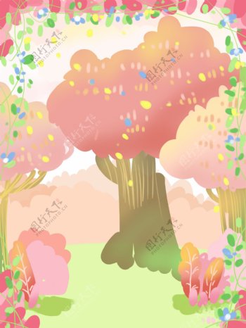 手绘夏天温馨花丛树林背景设计