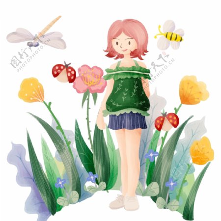 手绘可爱女孩森林植物花朵夏天昆虫
