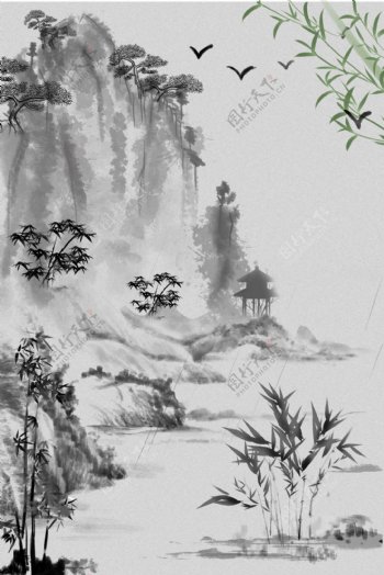 中国风山水草花竹柳桃花背景设计图