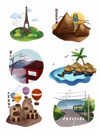 中国旅游日周游世界手绘元素