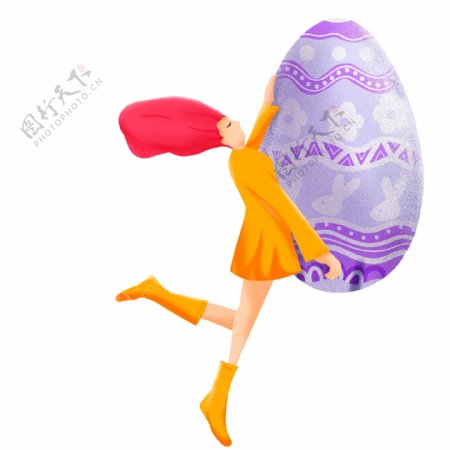 创意手绘复活节拿着彩蛋的女孩