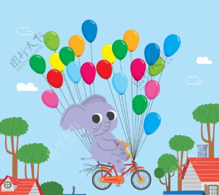 可爱骑气球单车的大象