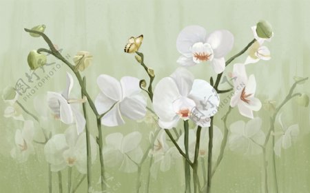 绿色清新白色花朵壁画背景墙