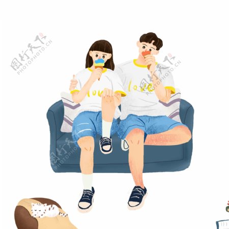 手绘穿着情侣装坐在沙发上吃冰淇淋的情侣
