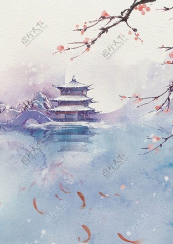 中国风月下水边庭院花枝海报背景