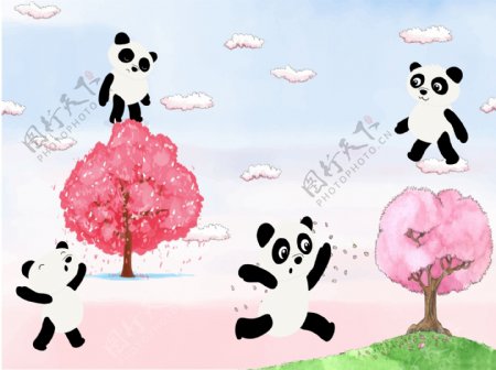 卡通熊猫儿童房背景墙