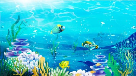 蓝色手绘小清新世界海洋日插画