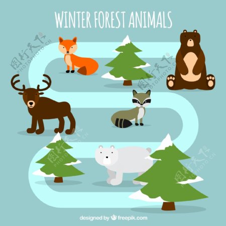 创意弯曲道路和5个森林动物