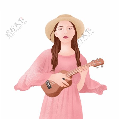小清新手绘弹吉他的女孩插画设计