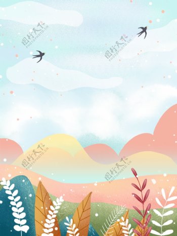 彩绘夏至节气草丛燕子背景素材