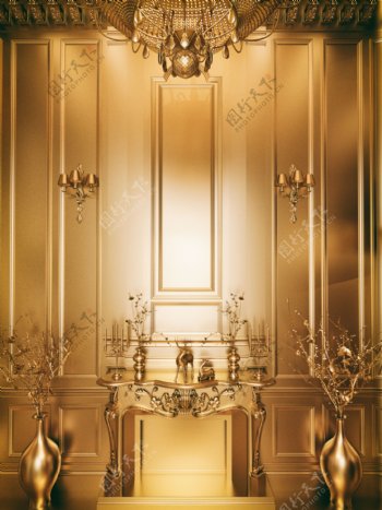 金色空间欧式唯美壁炉3D金属质感背景