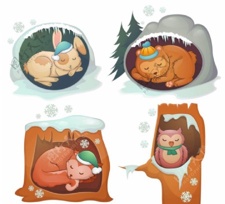 4款卡通冬眠动物矢量素材
