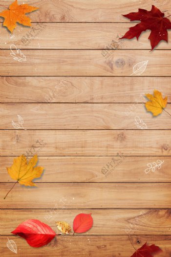 简约秋季落叶木板海报背景