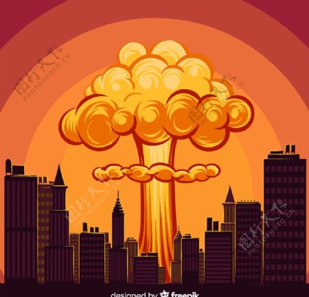 创意城市上空爆炸升起的蘑菇