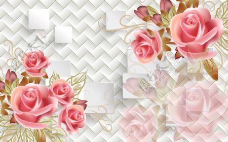 3D方块玫瑰花卉背景墙