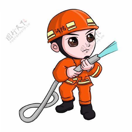 Q版可爱卡通消防员洒水灭火形象