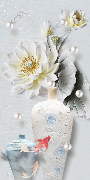 花瓶花朵立体金鱼珍珠壁画背景