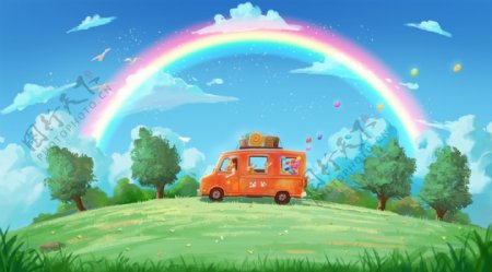 小汽车草坪彩虹插画卡通背景