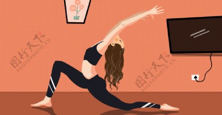 瑜伽女性健身清新插画卡通背景