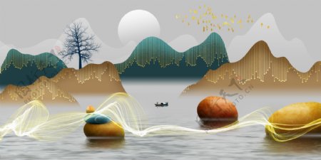 新中式意境山水石头渔船装饰画