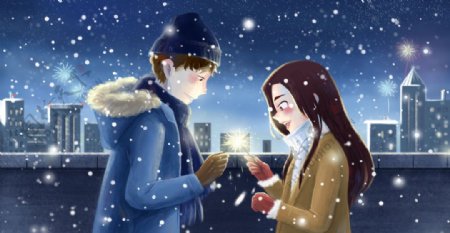 冬季情侣人物插画卡通背景