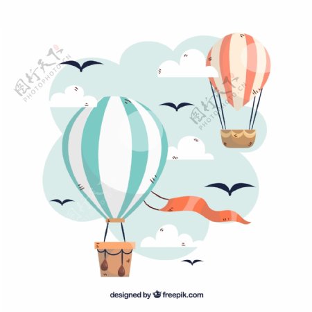 条纹热气球和鸟图片