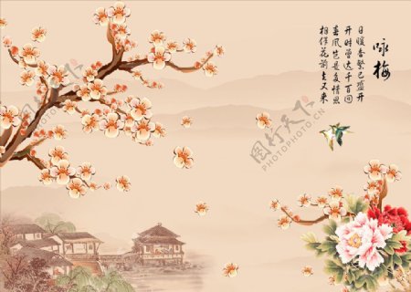 花鸟画牡丹梅花背景墙图片