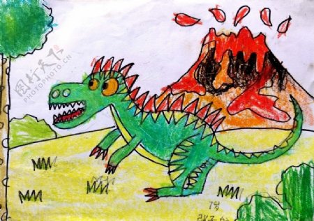 儿童简笔画火山与恐龙之王霸王龙图片