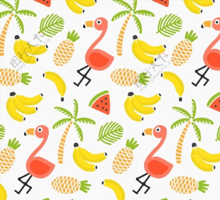 火烈鸟和水果背景图片