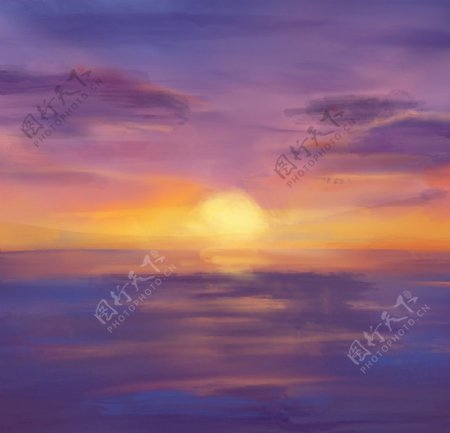手绘海景夕阳图片