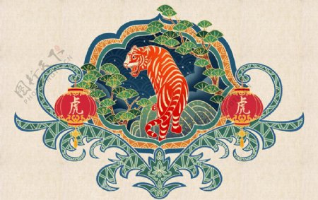 虎年生肖复古插画背景海报素材图片