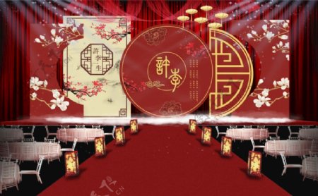 中式红色婚礼舞台效果图图片