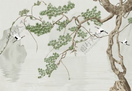 仙鹤飞翔山水中国风装饰画图片