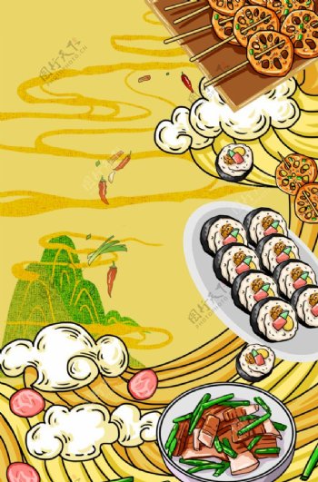 中式美食国潮美食烤串背景图片