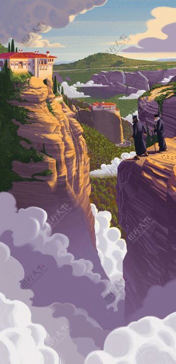悬崖峭壁卡通插画场景背景素材图片