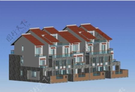 双面斜顶连排多层别墅建筑3d效果图