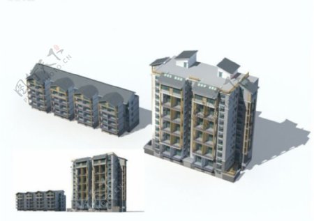 斜顶五层带车房住宅建筑3D模型