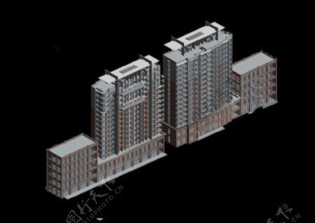 两栋并排高层临街商住楼建筑3D模型