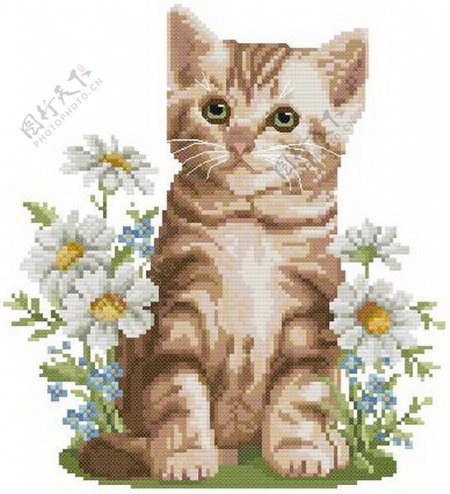 小花猫在花丛中的十字绣
