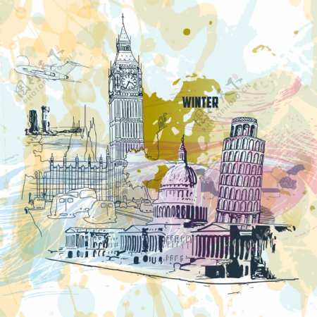 印花矢量图艺术效果水彩手绘伦敦免费素材