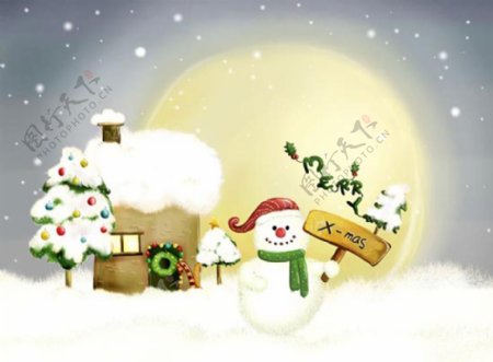 位图插画圣诞节雪人小屋免费素材