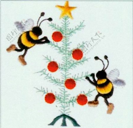 绣花昆虫蜜蜂五角星圣诞树免费素材