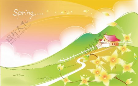 春景房屋花朵太阳白云小路