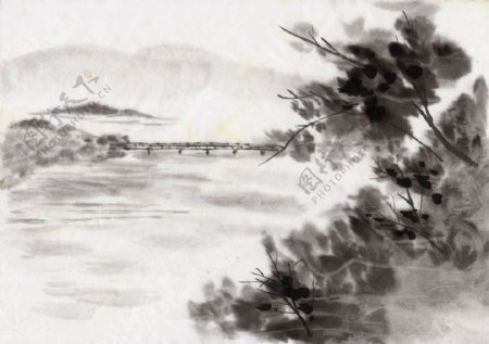 中国画小桥水墨