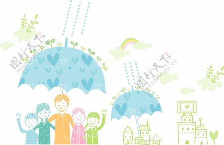 雨伞下的一家人插画