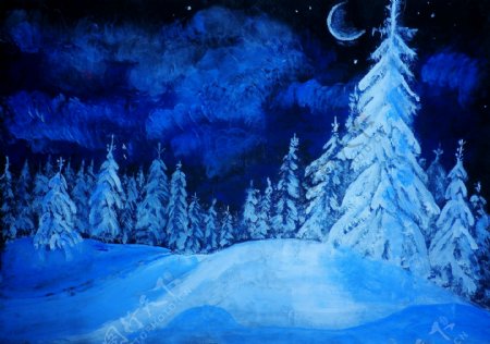 油画雪夜图片