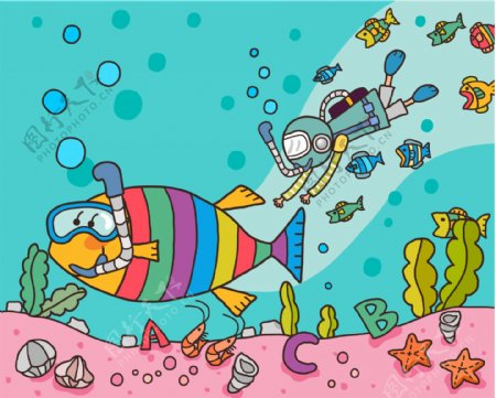 潜水儿童插画图片