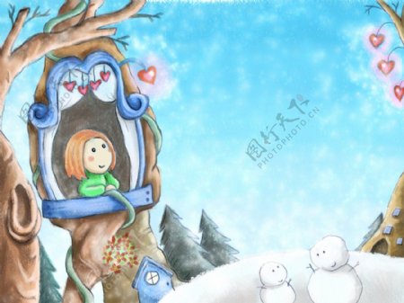 小女孩与雪人卡通背景