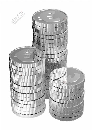 银的欧元硬币堆孤立在白色的背景