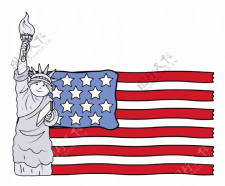 美国国旗和自由女神像七月第四矢量插画